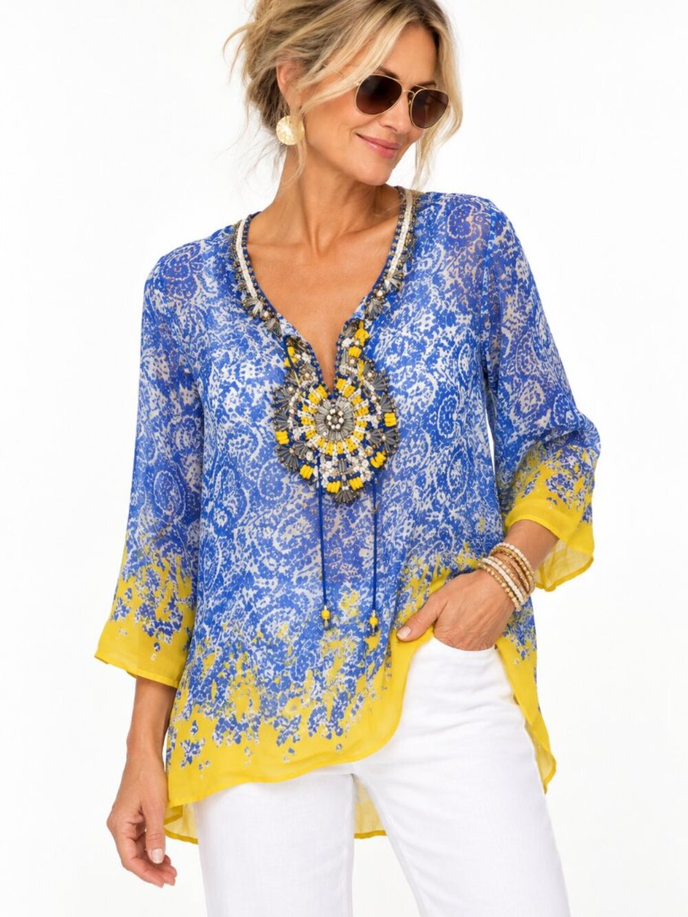 Soft Surroundings Sheer Beaded Blouse PL — Italian Riviera Vibes, Swim Cover-Up